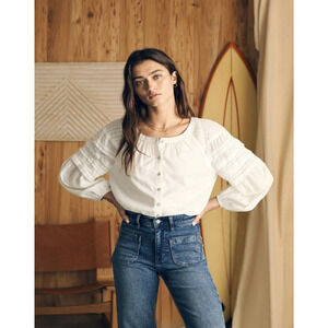 Faherty Enna Peasant Top Size L White Organic Cotton Long Sleeve Blouse Boho NWT